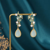 Ancient Gold-plated Hetian Jade Pearl Flower Branch Retro Stud Earrings