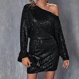 Spring Short Sleeve Loose Pullover Sequined Shirt Dress Off-shoulder Long Dress