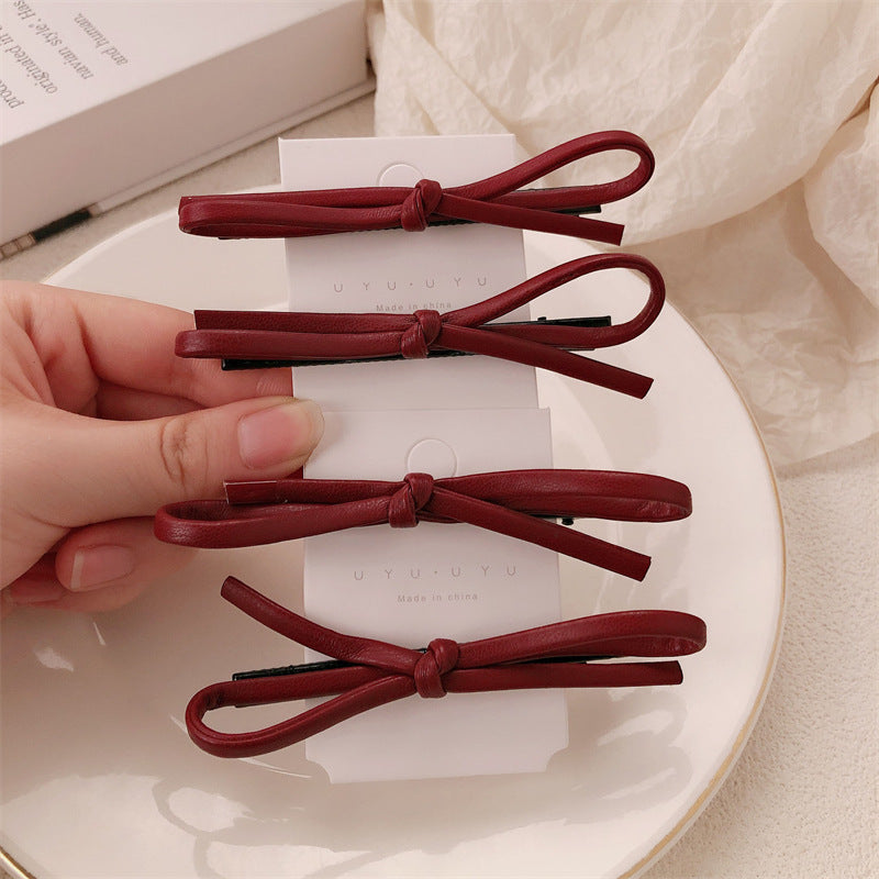 Wine Red Leather Bow Barrettes Simple Advanced