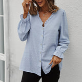 Women's Fashion Solid Color And V-neck Loose Jacquard Long Sleeve Casual Shirt Top