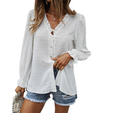 Women's Fashion Solid Color And V-neck Loose Jacquard Long Sleeve Casual Shirt Top