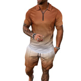 Men's Young Casual Versatile Simple Pattern Short Sleeve Zipper Polo Shirt Suit