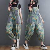 Literary Retro Large Size Printed Jean Suspenders