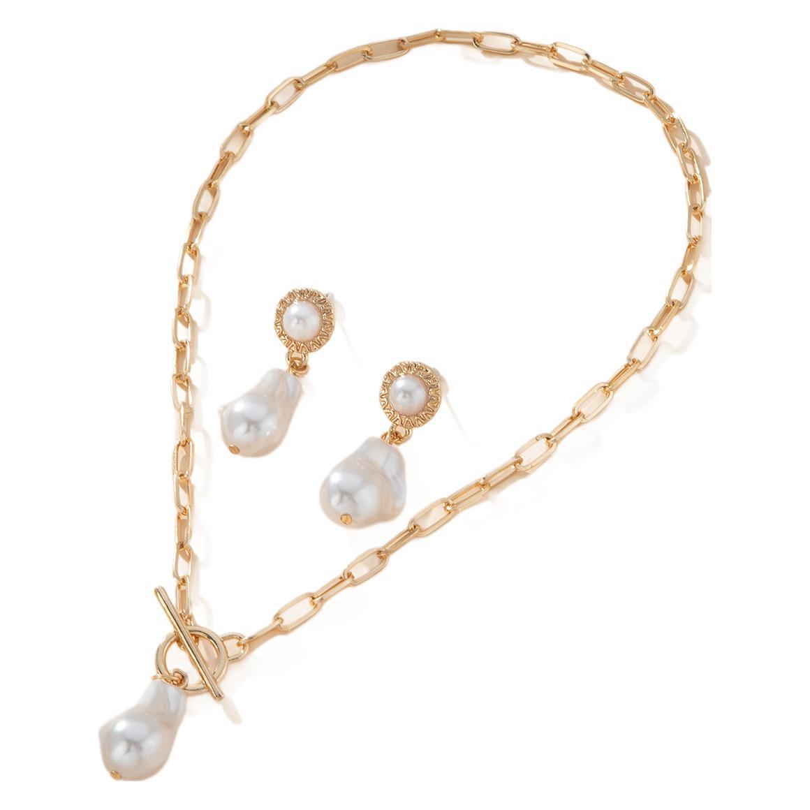 Retro Baroque Pearl Pendant Necklace Ear Stud 2-piece Set