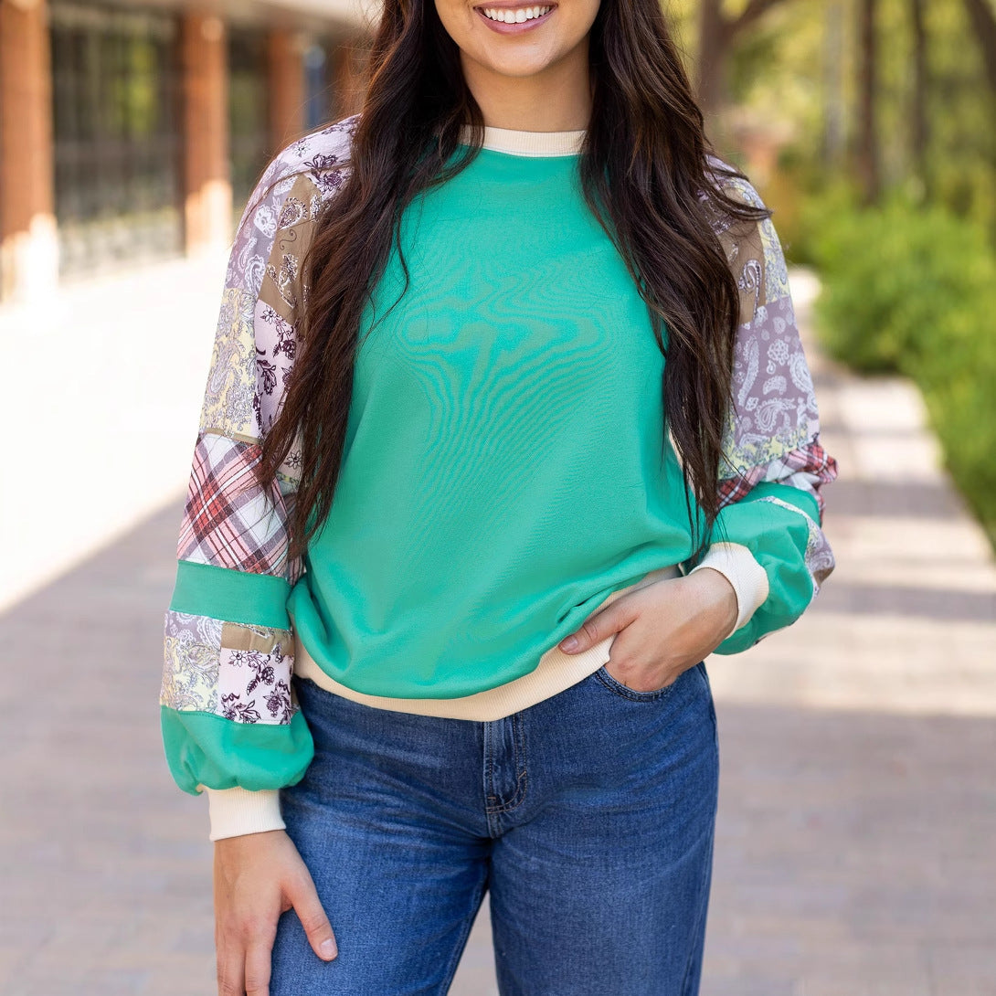 Floral Patchwork Loose Round Neck Sweater Casual Loose