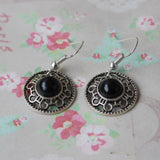 Ethnic Style Design Miao Silver Retro Turquoise Flower Disk Earrings