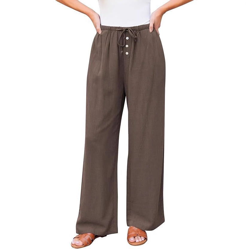 High Waist Button Drawstring Loose Casual Summer Wide-leg Pants With Pockets