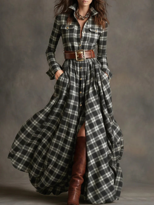 Ins Plaid Print Long-Sleeved Dress Fashion Pockets Collared Buttons Shirt Long Dresses Retro Women's Clothing