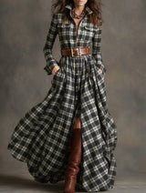 Ins Plaid Print Long-Sleeved Dress Fashion Pockets Collared Buttons Shirt Long Dresses Retro Women's Clothing