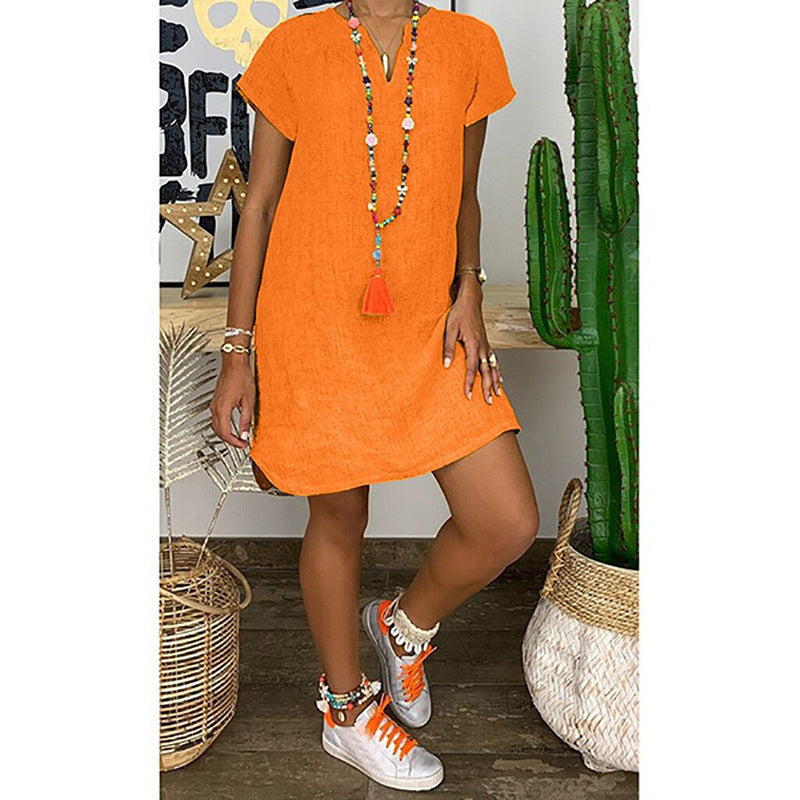 Summer Loose Solid Color Short-sleeve Irregular V-neck Cotton-linen Dress For Women