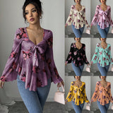 European And American Design Sense French Sweet Flower Blooming Lace-up Square Collar Long Sleeve Shirt