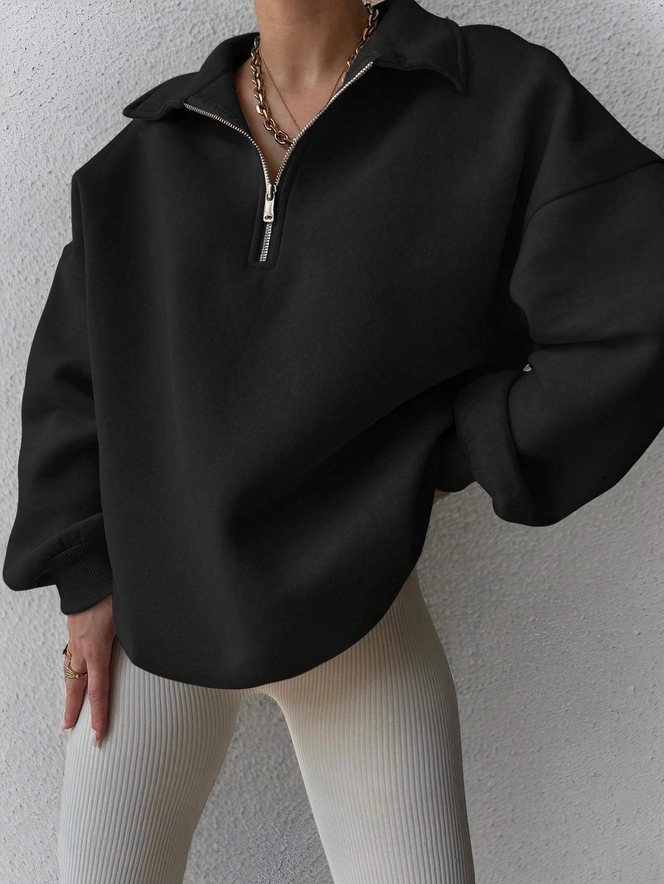 Women Plain Front Zipper Long Sleeve Simple Hoodie