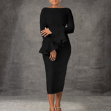 Fashion Solid Color Sheath Bell Sleeve OL African Dress