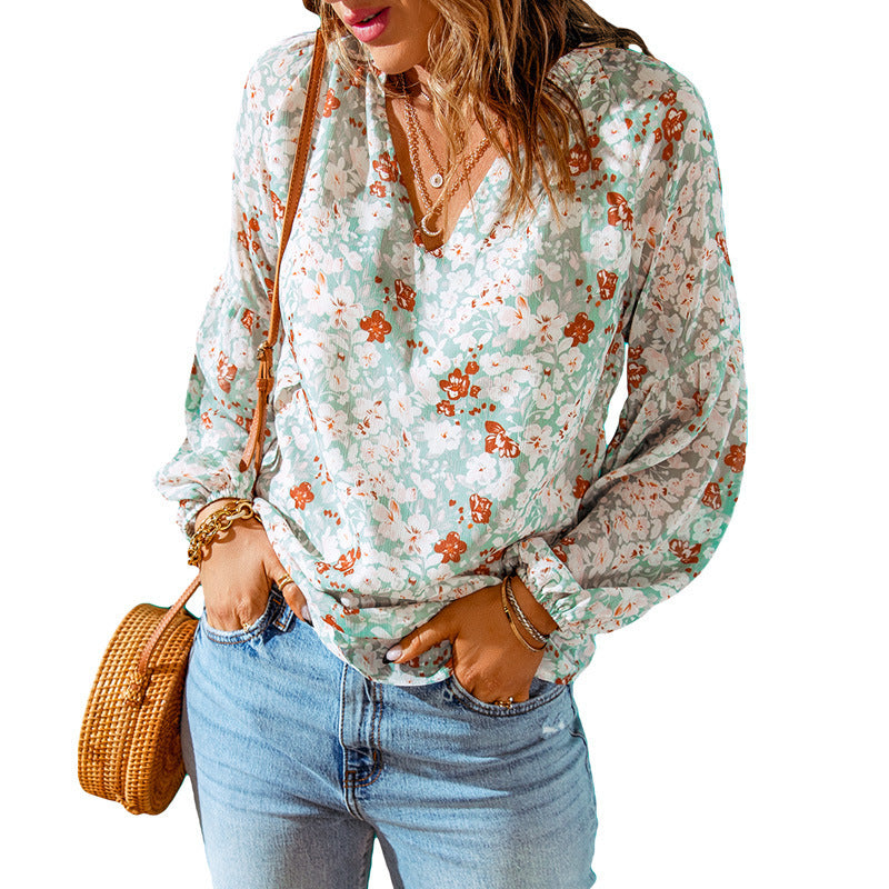 Women's Floral Chiffon Shirt Loose V-neck Casual Top