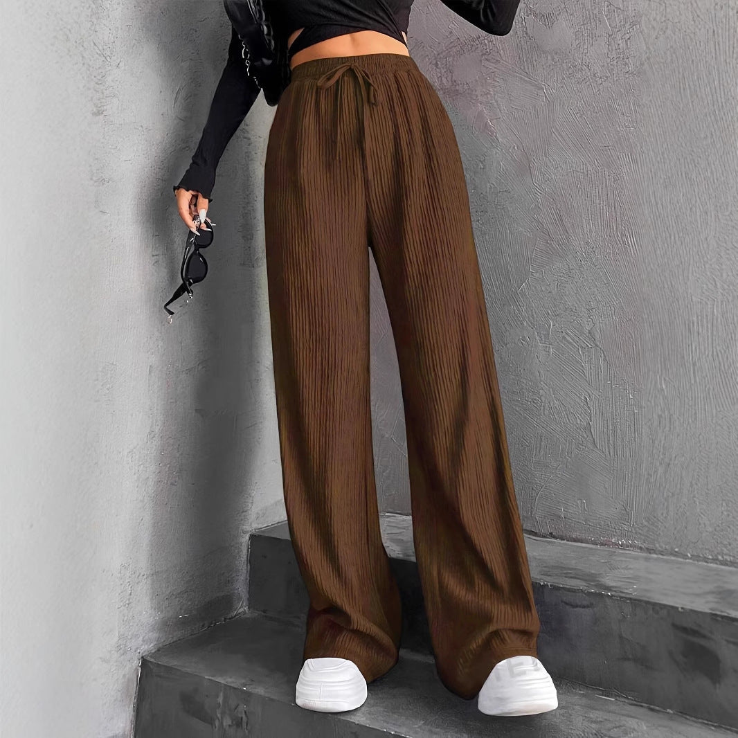 New Women's Elastic Waist Pinstripe Road Straight Wide Leg