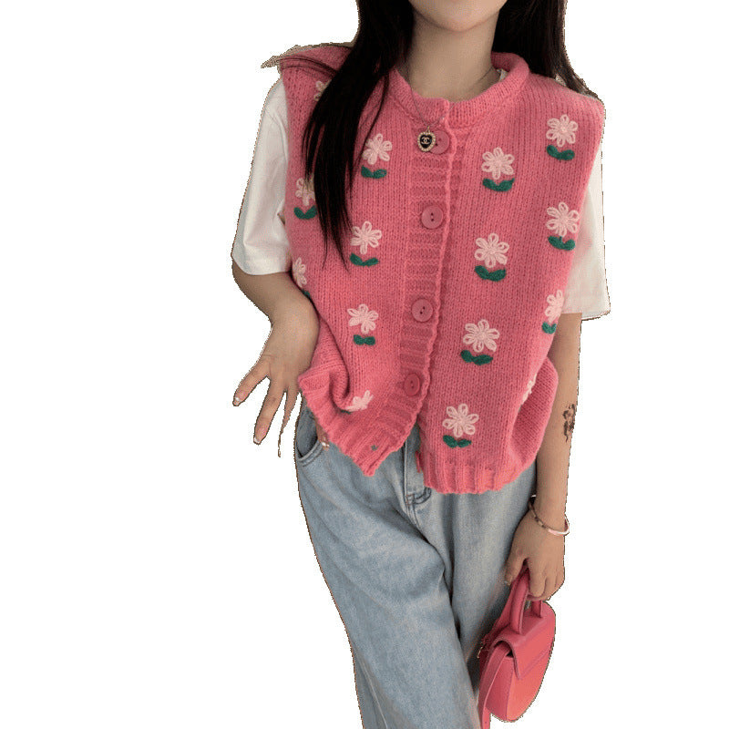 Embroidery Flower Knitted Vest Cardigan Sweet Sweater