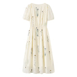 Plant Flower Embroidery Tencel Female French Square Collar Dress