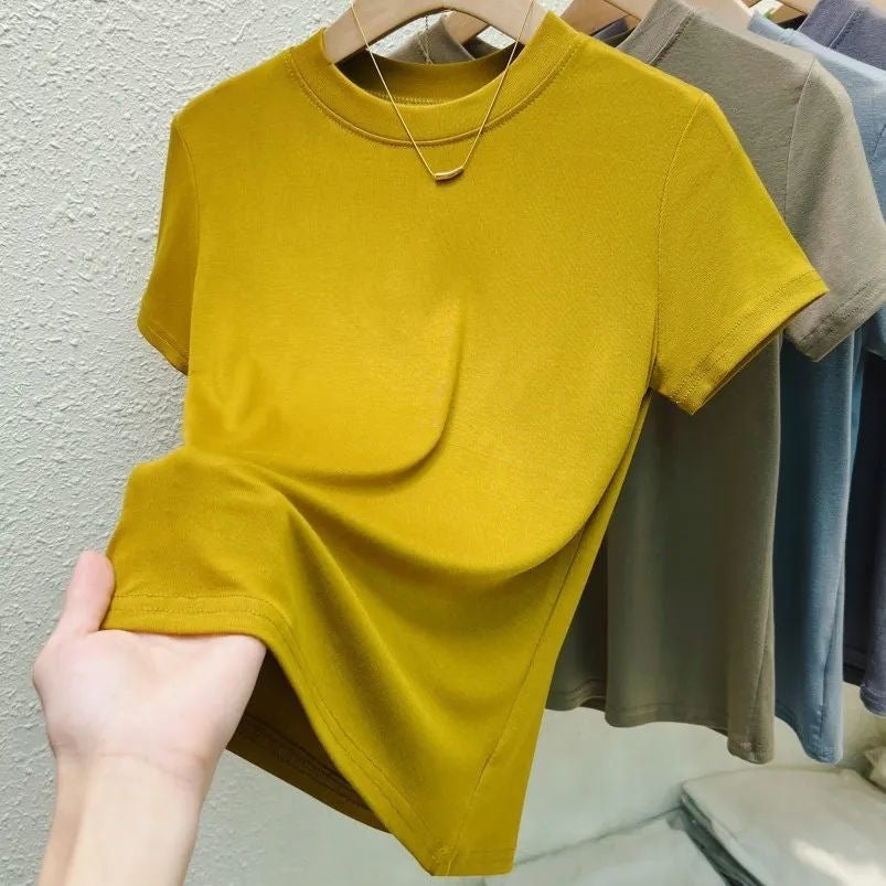 Summer New Short Sleeve Women's Round Neck Classic Pure Color All-matching Slim Fit
