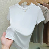 Summer New Short Sleeve Women's Round Neck Classic Pure Color All-matching Slim Fit
