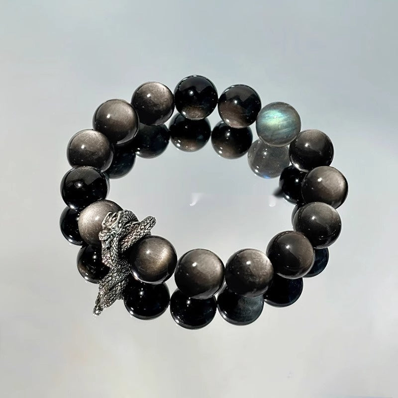 Natural Silver Stone Bracelet Vintage Natural Obsidian Neutral Crystal Bracelet