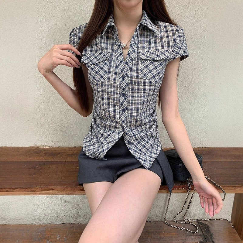 Women's Korean-style Retro Plaid Waist Shirt Summer New