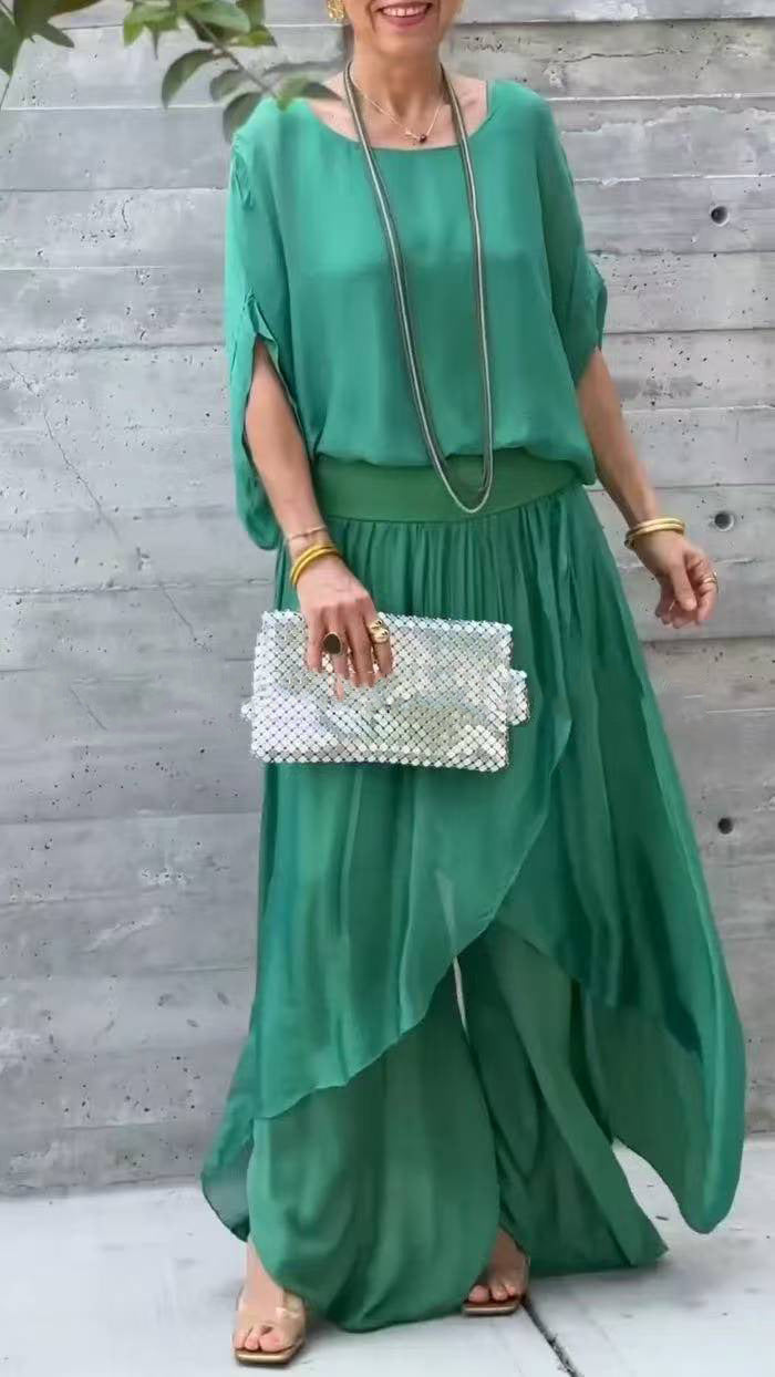 Loose Comfortable Top Split Wide Leg Pants Chiffon Casual Suit