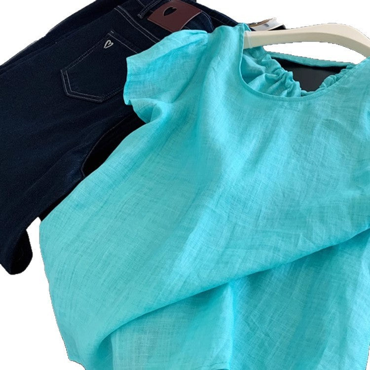 Ramie Blue V-neck Shoulder Short-sleeved Shirt Women's Unique Beautiful Top Light Luxury High-end