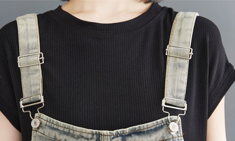 Spring And Summer Art Retro Hole Jean Suspenders Women