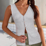 Simple Tops Open Button Street Sexy Deep V-neck Cardigan Sleeveless Vest