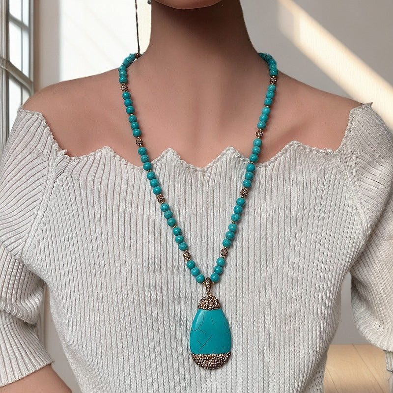 Drop-shaped Turquoise Pendant Necklace Fashionable Personalized All-match Design Sweater Chain