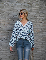 Leopard Print V-neck T-shirt Fashion Loose Long Sleeve Tops For Women Clothing