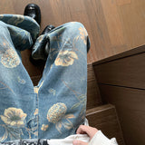Men's Printed Floral Wide-leg Washed Jeans Mid-waist Straight Pants