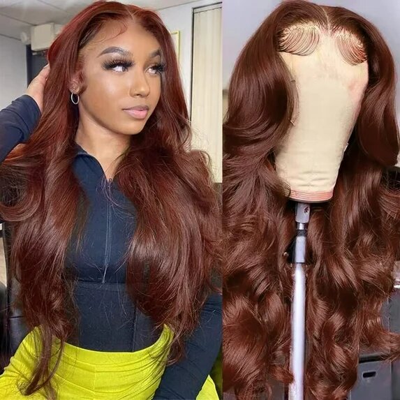 4x4 Lace Closure Human Hair Wig, Reddish Brown Body Wave Wig, 150 Density