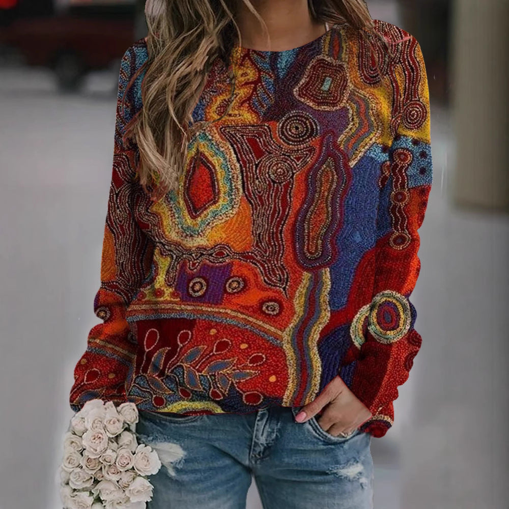 Casual Fashion Loose Ethnic Style Retro Long Sleeve Crew Neck Pullover Sweatshirt