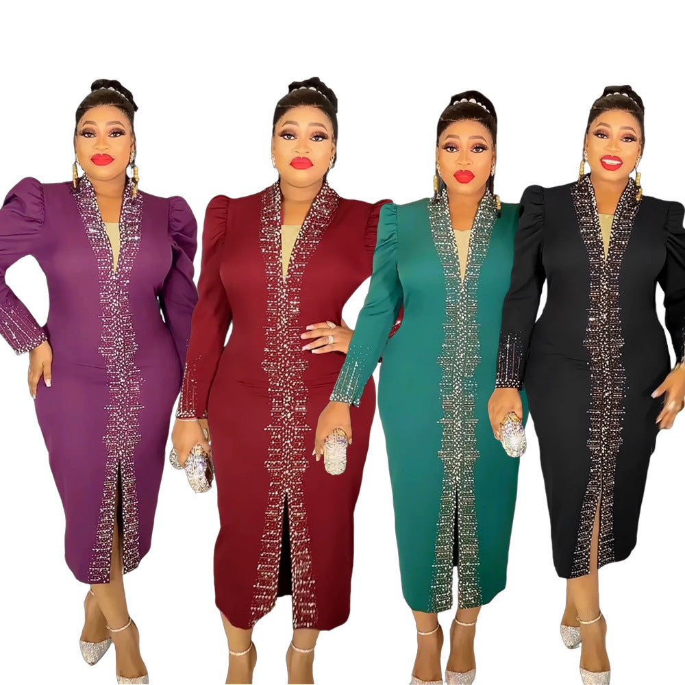 Women's Wear Rhinestone Beaded African Plus Size OL Commuter Dress