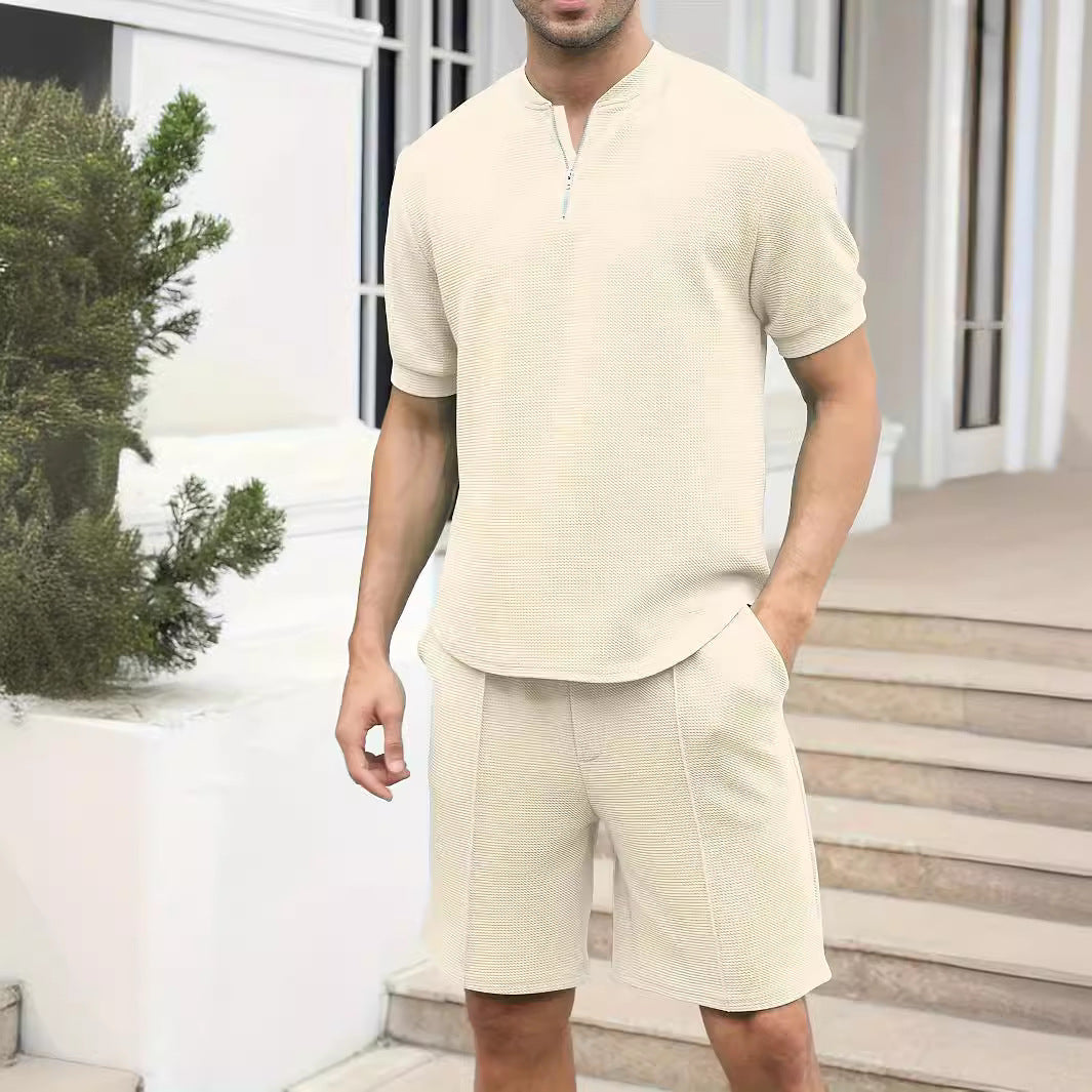 Waffle Stand Collar Solid Color Zipper Short Sleeve Trousers Suit Men