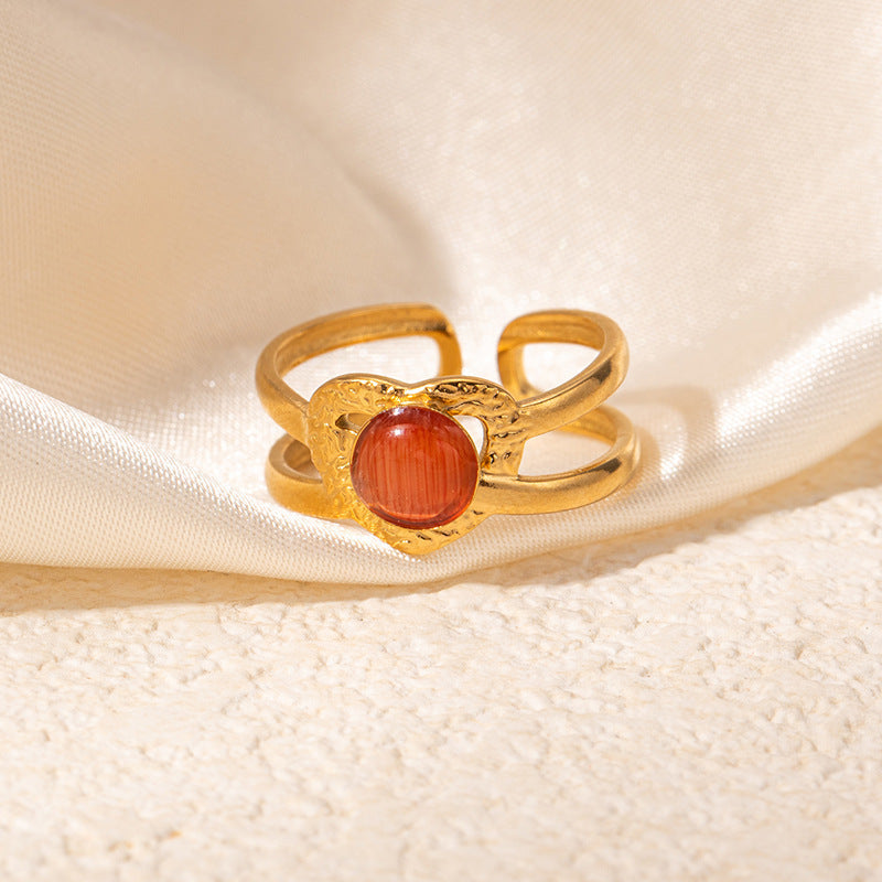 Colored Loving Heart Hollow Open-end Titanium Steel Adjustable Ring