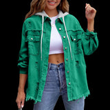 Womens Solid-Color Loose Denim Hooded Jacket