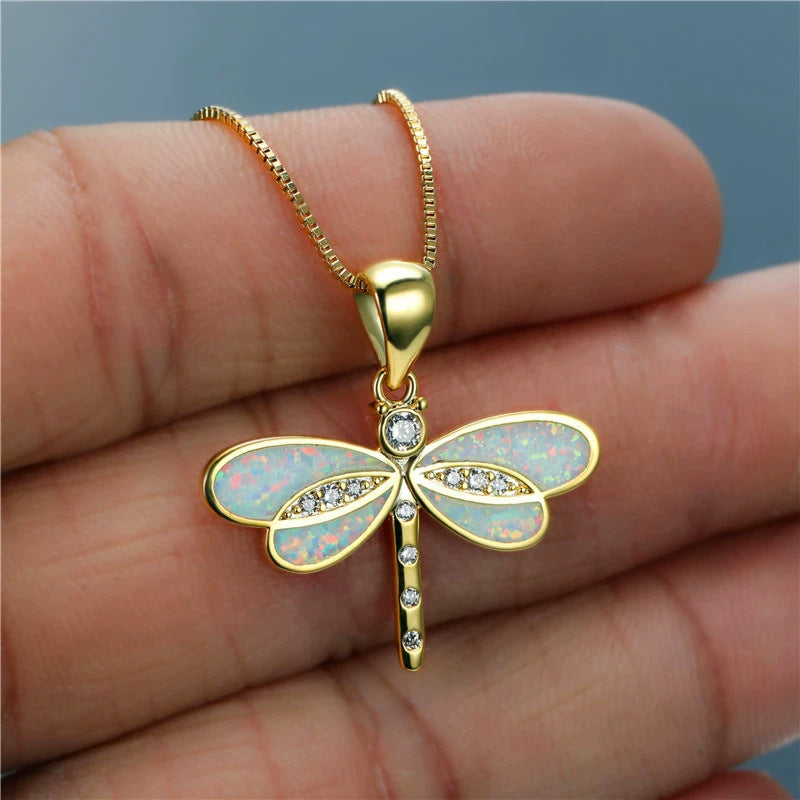 Cold Style Gold Dragonfly Opal Necklace