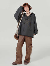 Retro Hooded Sweater Women's Rivet Lace-up V-neck Loose Top