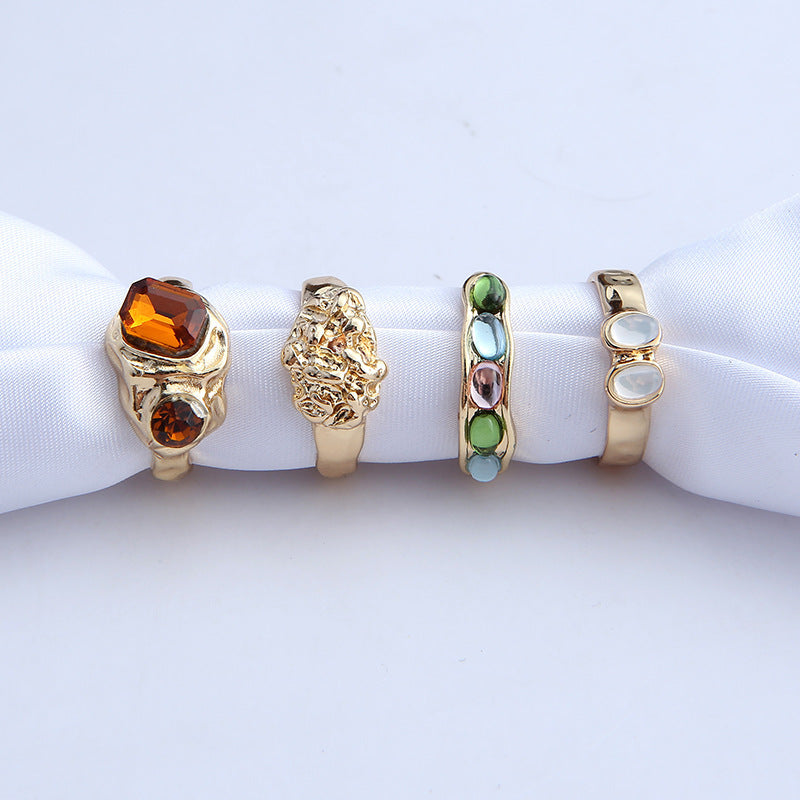 European And American Multi-color Retro Color Resin Gas Female Ring Four-piece Set