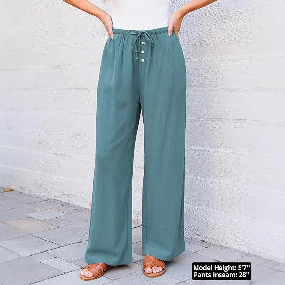High Waist Button Drawstring Loose Casual Summer Wide-leg Pants With Pockets