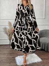 New Elegant Graceful Fashion Polo Collar Printed Long Shirt Dress Women