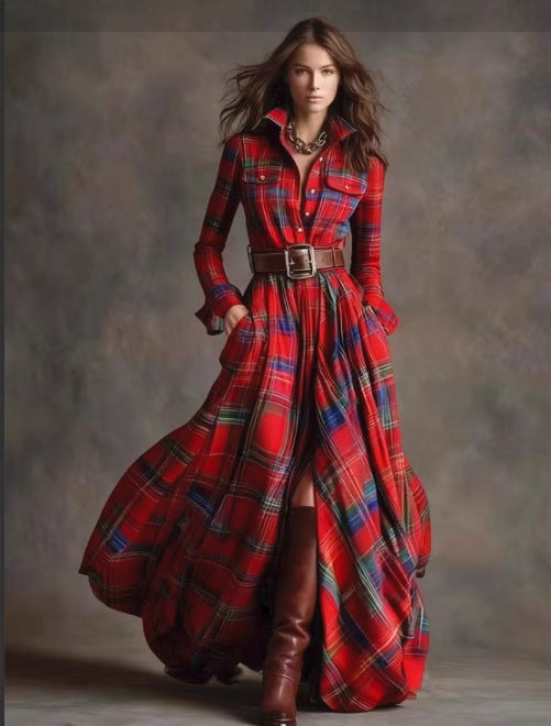 Ins Plaid Print Long-Sleeved Dress Fashion Pockets Collared Buttons Shirt Long Dresses Retro Women's Clothing