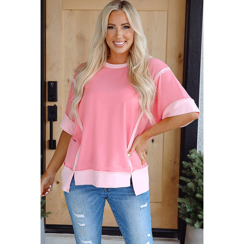 Women's Round Neck Short-sleeved Shirt Loose Casual Slit T-shirt