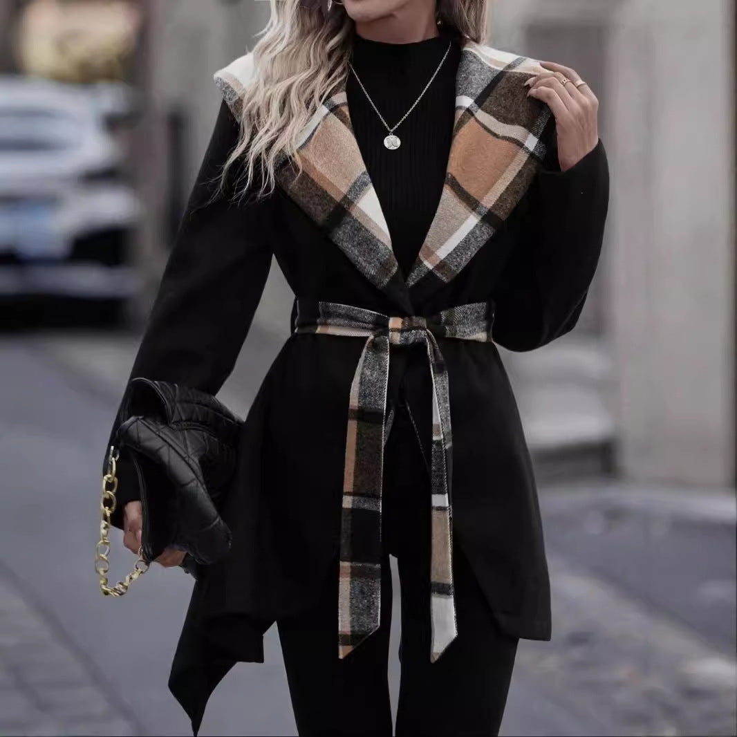 Lace-up Plaid Color Matching Wool Mid-length Trench Coat For Women