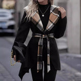 Lace-up Plaid Color Matching Wool Mid-length Trench Coat For Women