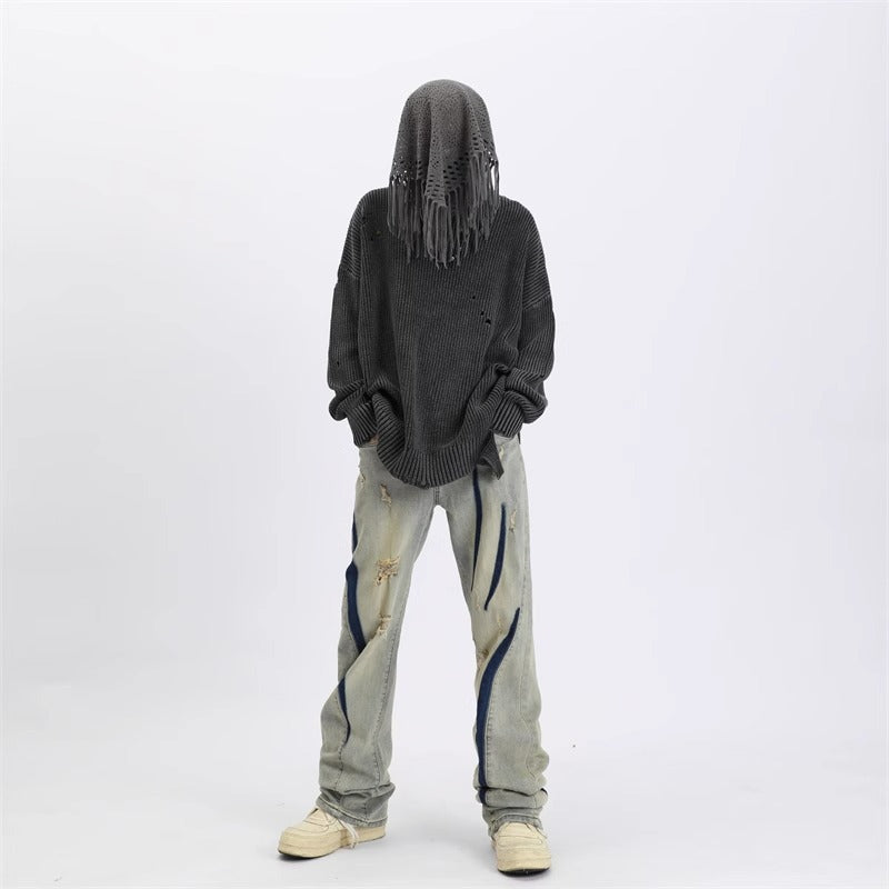 Contrast Color Spray Printing Ripped Jeans Men Loose Straight Trousers