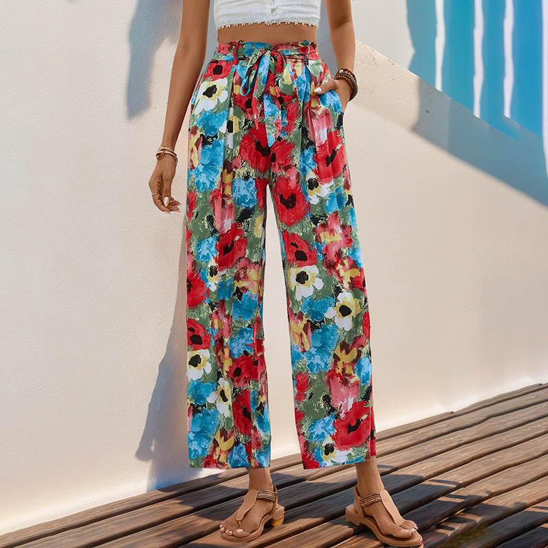 Personalized Floral Print High Waist Casual Wide Leg Pants