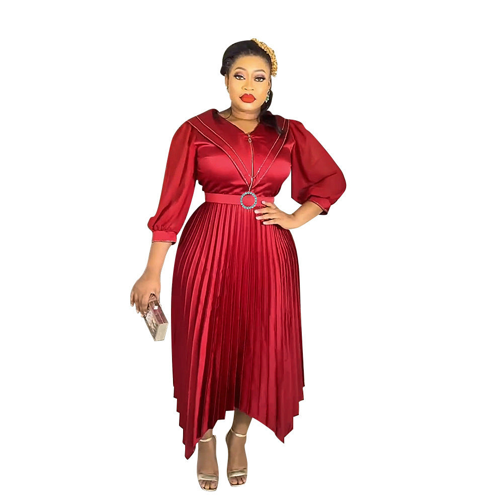 European And American Pleated Skirt Temperament Commute African Women's Wear Plus Size Fat Dress Belt
